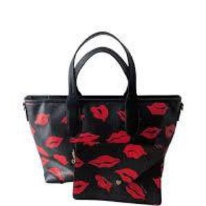 Betsey Johnson Black Tote & wristlet set with Red Lip Print